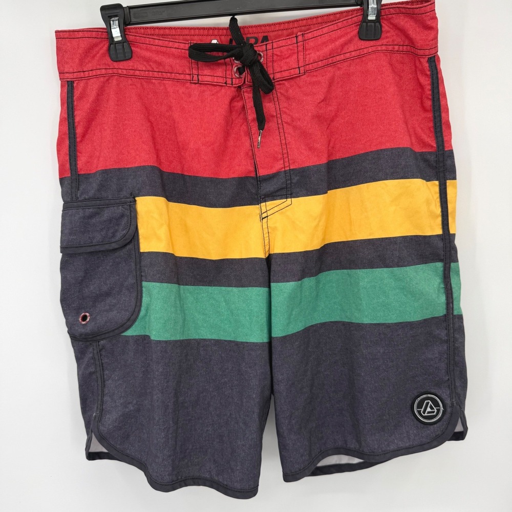 Lira Board Shorts Men 34 Red Yellow Green Rasta Stripe Cargo Pocket Swim Trunks